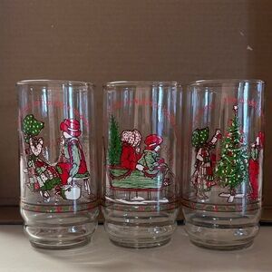 Vintage Holiday Glasses with “holly hobbie” Print - Set of 3